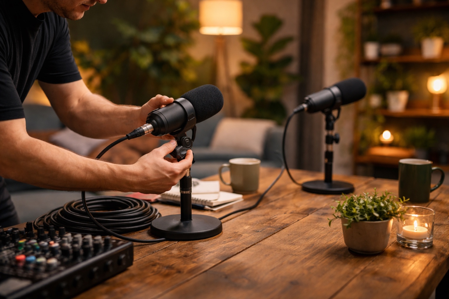 Podcast microphones and audio setup